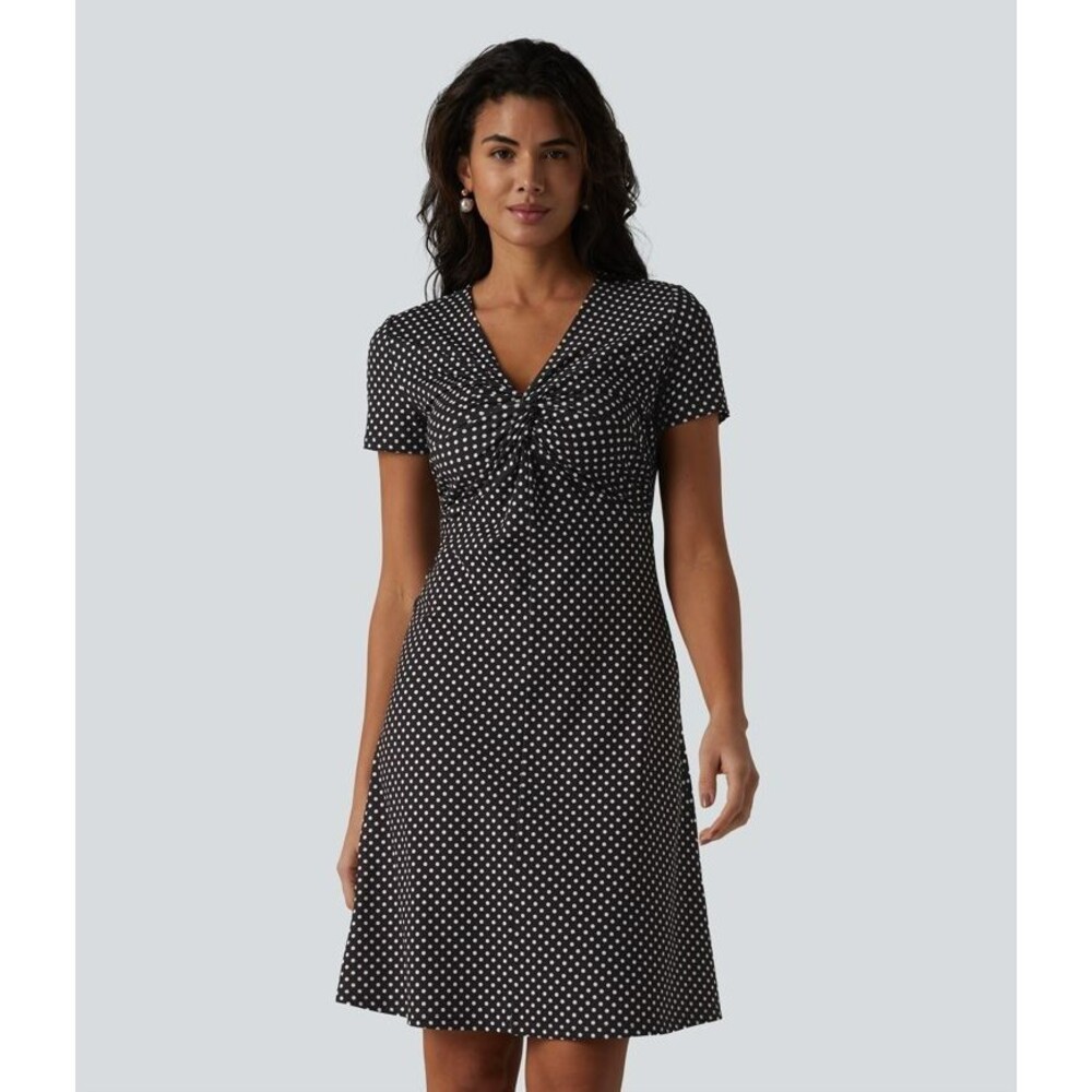 Halara Women’s Medium Black/White Polka Dot Short Sleeve Twist Front Dress NWT